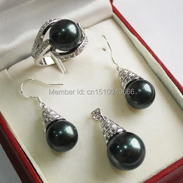 

Hot sale FREE SHIP>>>1Set AAA 12mm Black Shell Pearl Pendant Necklace Earrings Ring Set C06