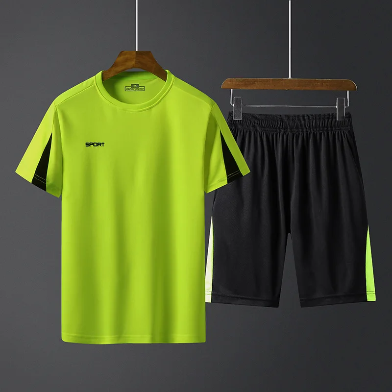 Спортивная Для мужчин рубашки короткий рукав для девочек; комплекты футболок 2 шт./компл. футболки для бега Для мужчин бег Футбол играть шорты спортивная рубашка с короткими рукавами, комплекты - Цвет: Зеленый