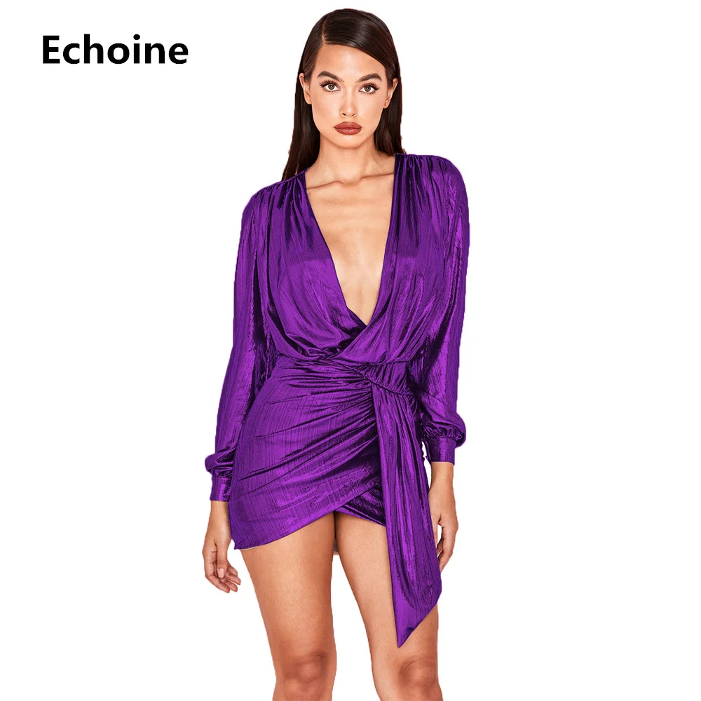 

Women Puff Sleeve Wrap Bandage Dress Sexy Metallic Shining Mini Party Club Dresses Streetwear Outfit V-neck Bodycon Vestidos