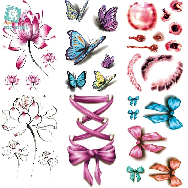 

Rocooart RC202-230 2018 Disposable Tattoo Stickers Fresh Water Lily Flower Floral Butterfly Temporary Tattoo Sticker Scars