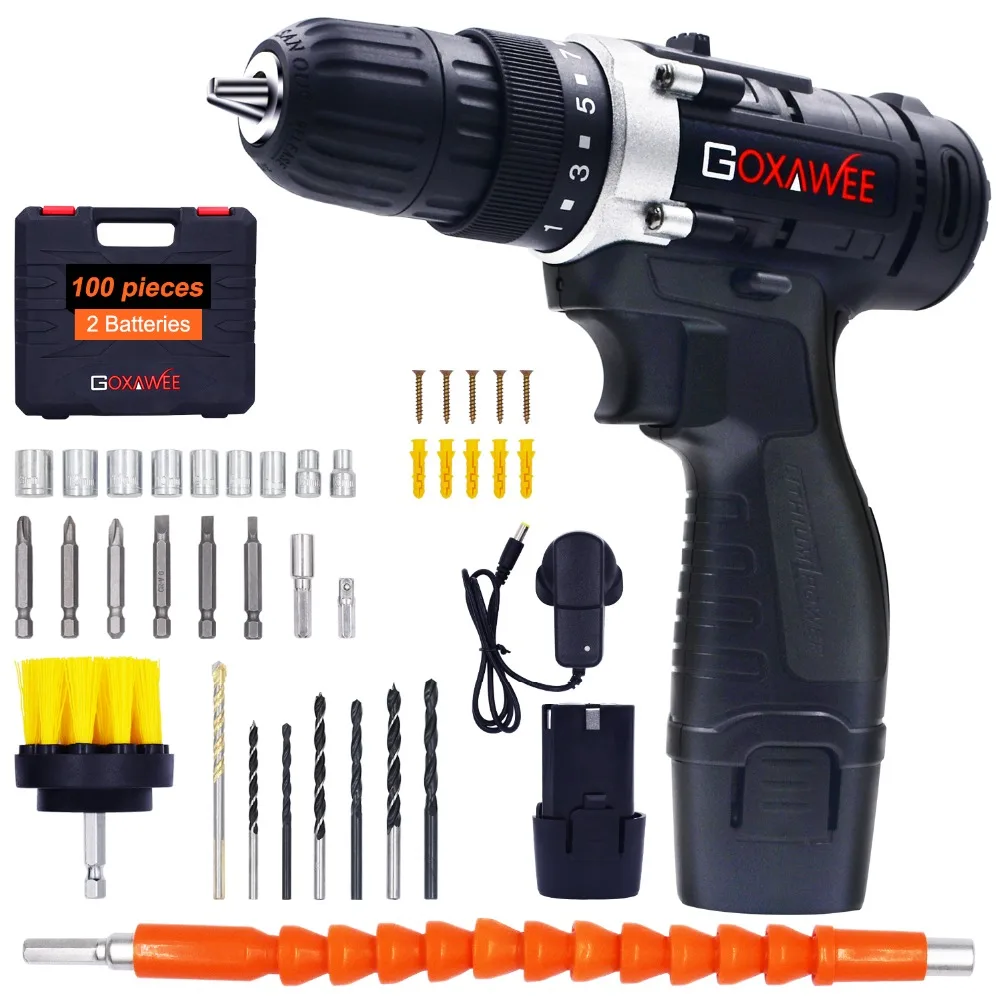 

GOXAWEE 12V Electric Drill Screwdriver Cordless Lithium-Ion Battery Operated Rechargeable Drill Multi-function Power Tools Kit