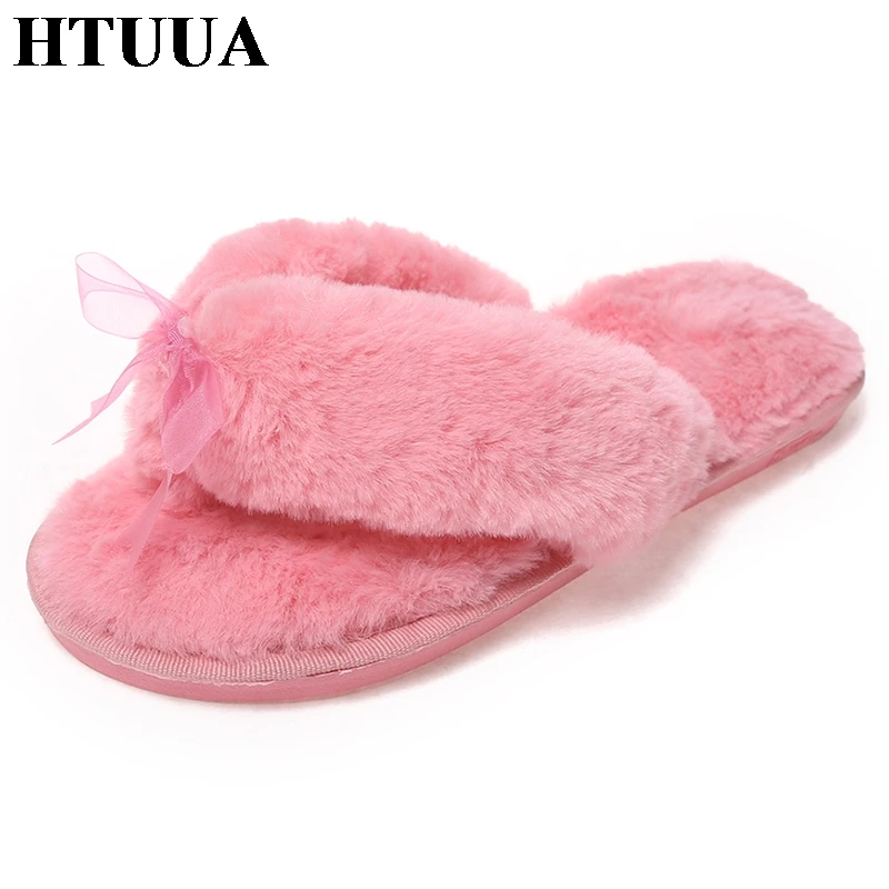 HTUUA Fluffy Faux Fur Slippers Women Cozy Flip Flops Winter Shoes Plush Warm Flats Fur Slides Soft Floor Home Slippers SX1489