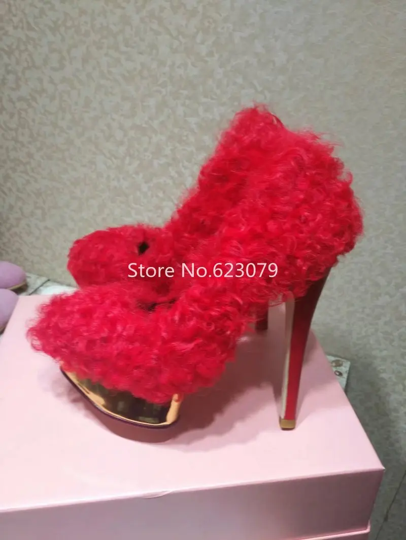 2017 wedding font b shoes b font red fur shearling platform high heel font b shoes
