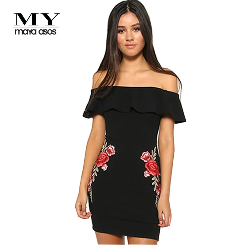 rose embroidered bodycon dress