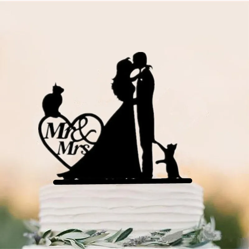 Romantic Black Acrylic Bride Groom Silouhette With Two Cats Wedding Cake Topper 
