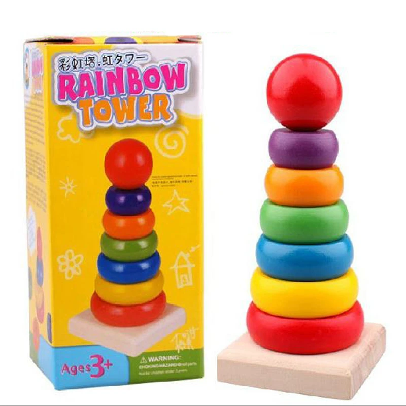 Kid Baby Colorful Wooden Rainbow Tower Ring Wooden Stacking Stack Up