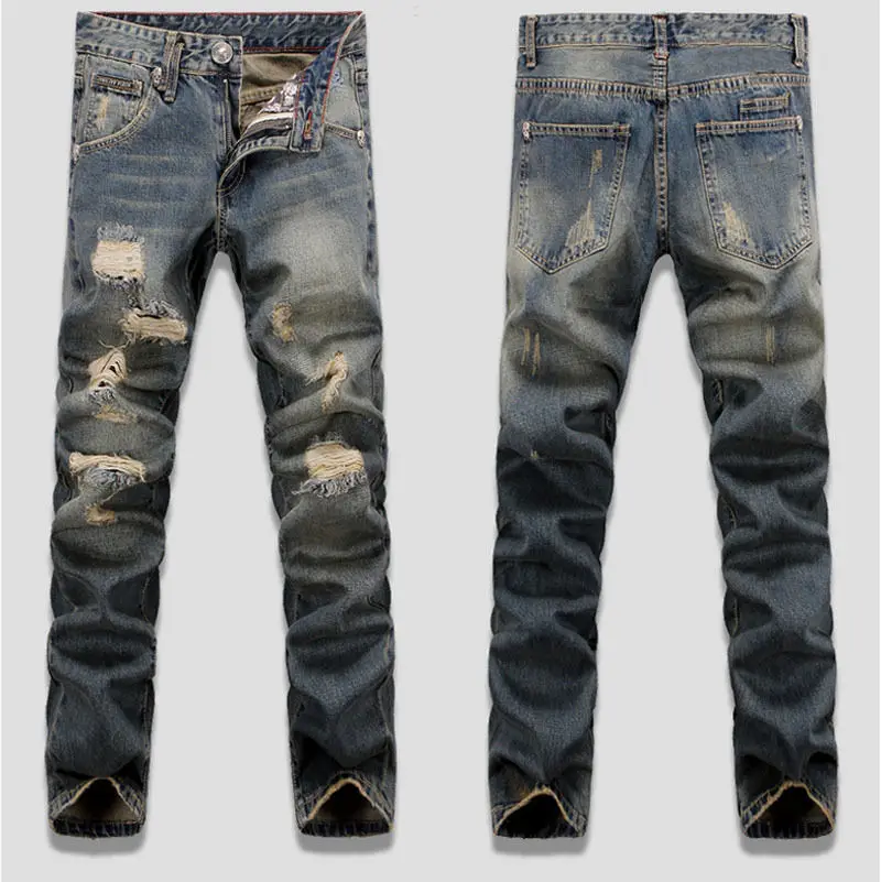 New Men s Slim Skinny Runway Straight Elastic Denim Pants Destroyed Ripped Jeans Button Zipper Hole