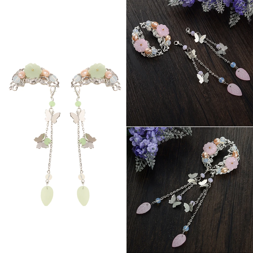 MagiDeal 1 Pair Ethnic Barrettes Hair Pin Chinese Cosplay Flower Tassel Clip