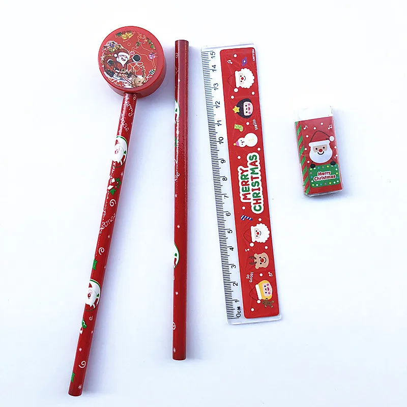 Cute Christmas Stationery Set Pencil Ruler Earser Sharpener Pencil Case 6 In 1 Stationery Set For School Girl And Boy Gift Prizs