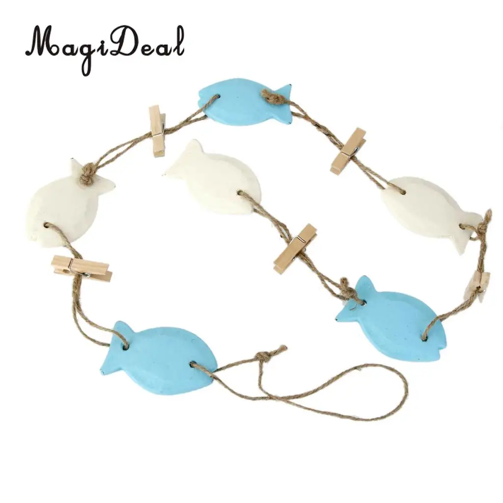 

MagiDeal String of Coastal Hanging Wooden Marine Fish Photo Memo Clip Hand Carved Fish Home Decor Blue Beige