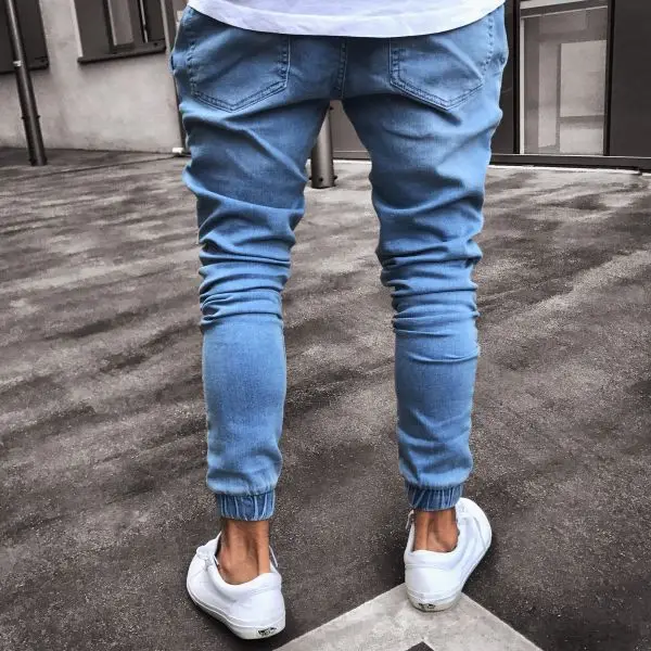 Men Distressed jeans pleated skinny biker trousers black blue jeans Denim Trousers For Male slim fit hip hop jeans men pant