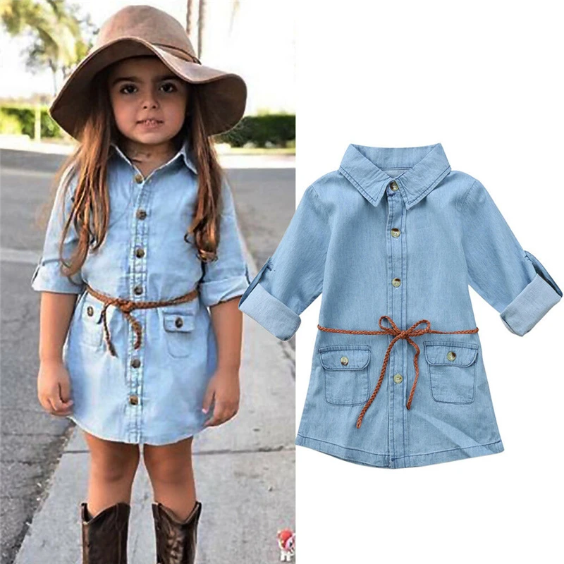 Ropa de marca para bebés y niñas, minivestidos cortos, vaqueros de manga con cinturón, Retro, moda informal para niños, vestido de camisa de 2019|Vestidos| - AliExpress