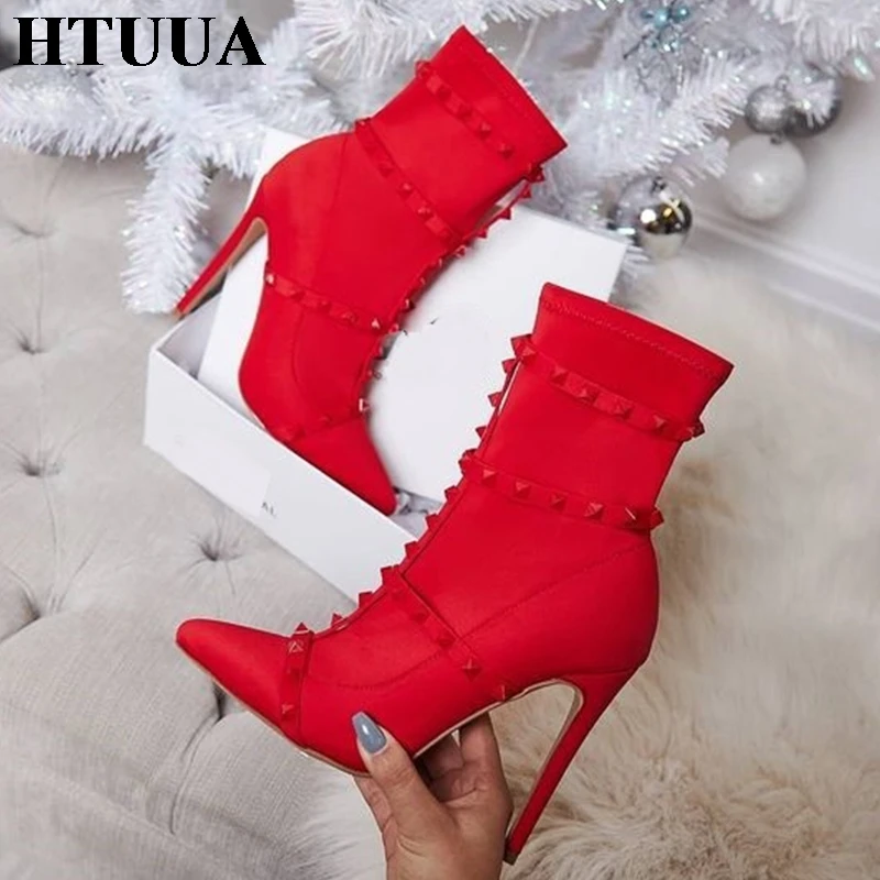 

HTUUA 35-42 Plus Size Ladies Shoes Sexy Pointed Toe Strap Rivet High Heels Ankle Boots for Women Elastic Fabric Sock Boot SX1506