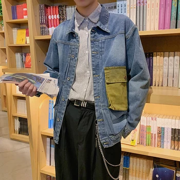 

2019 Spring And Autumn New Recommended Fashion Casual Hit Color Large Pocket Cotton Washed Denim Jacket Sky Blue M-5XL