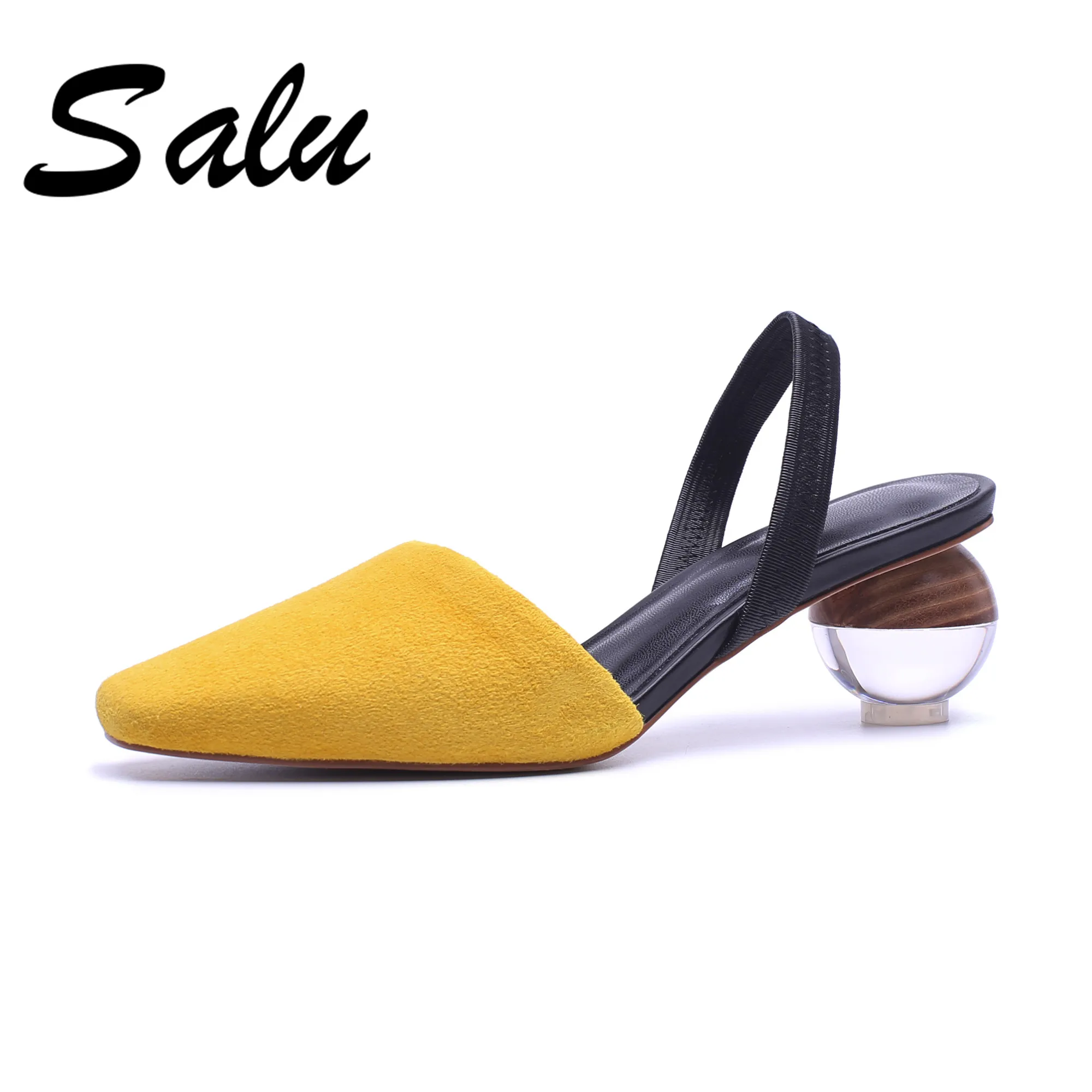 

Salu 2019 new arrival women sandals pointed toe Genuine leather shoes slip on fashion square heels party wedding shoes woman