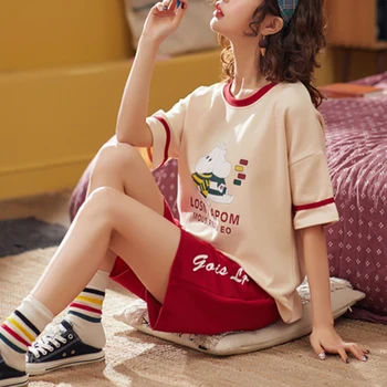 

Women Summer Short Sleeve Pajamas shorts Set Pyjamas Cotton Sleepwear Nightgown Summer Cartoon Casual Print Girl Sleeping Set