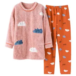 Брендовые зимние теплые коралловые из флиса с Для женщин пижамные комплекты Micro бархат сна штаны фланелевые пижамы для девочек Lounge моды