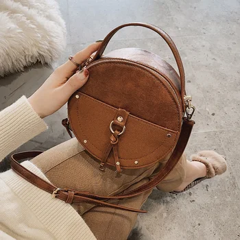 

HOCODO Scrub Vintage PU Leather Women Messenger Bags Ladies Small Handbags Mini Tote Bag Round Ladies Shoulder Bags Crossbody