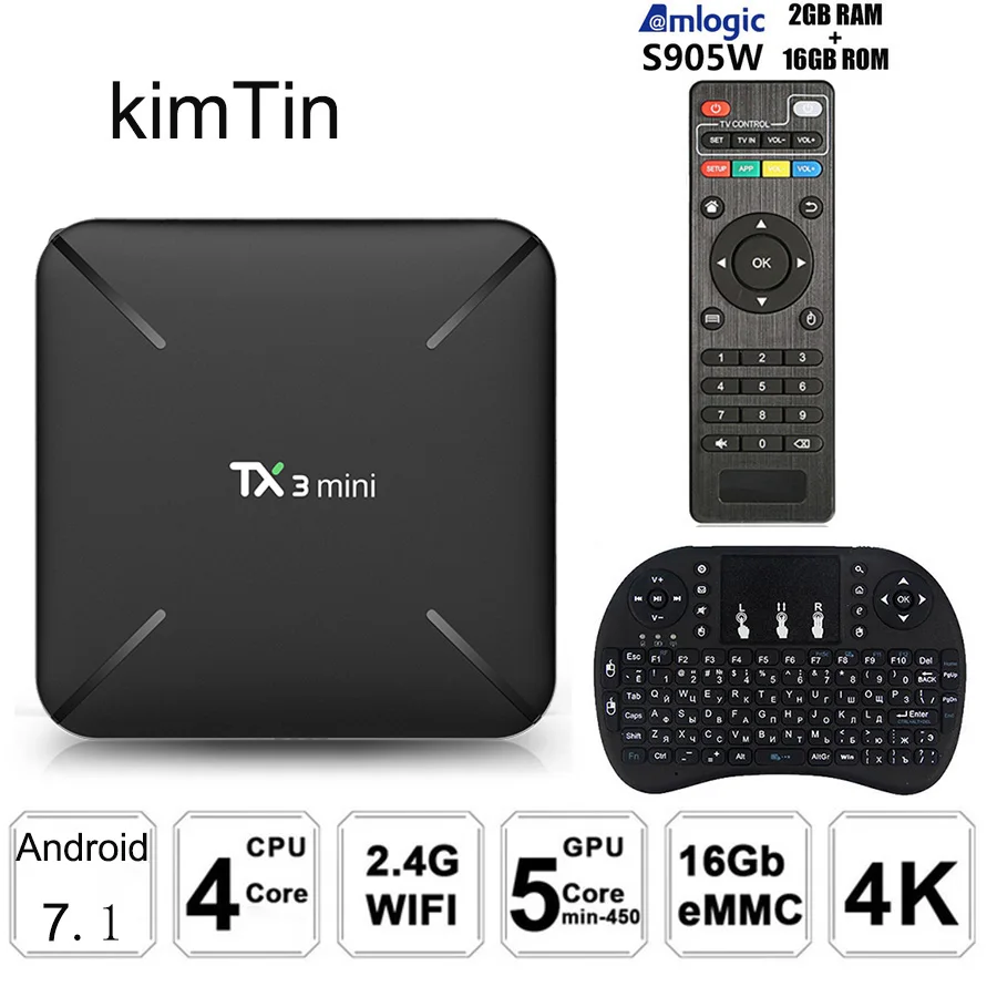 TX3 Mini Smart Android 7.1 TV Box S905W 2GB RAM DDR3+ 16GB ROM eMMC 4K Support WiFi 2.4GHz Miracast Airplay DLNA Media Player