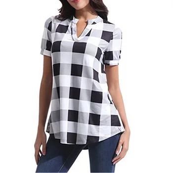 

Womens Blouses Chequered V-neck Short Sleeve Loose Lady's Shirt Womens Clothing Chiffon England Style Plaid Streetwear