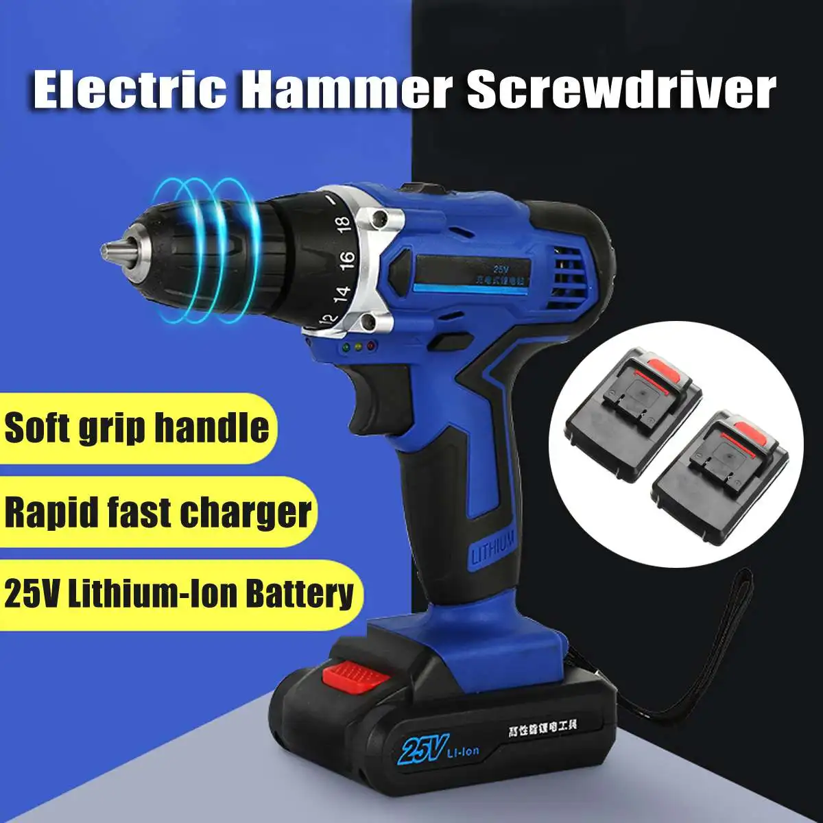 

25V Rechargeable Cordless Drill Hammer Electric Screwdriver Lithium-Ion Power Screwdriver With 2 Batteries 1 Charger