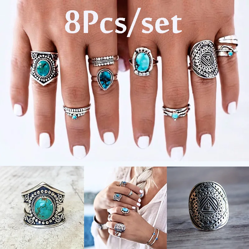 

8 Pcs/Set Fashion Vintage Geometric Stone Opal Rings Set For Women Bohemian Silver Color Knuckle Shield Rings Party Jewelry