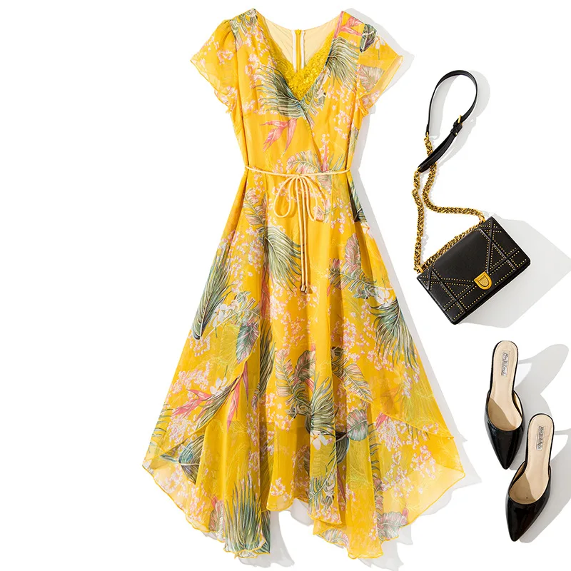 

Dress Summer 2019 Women's New V-Neck Short Sleeves Printed Patchwork Lace Slim Lace-up Wasit Irregular Casual Dress Midi S-XL