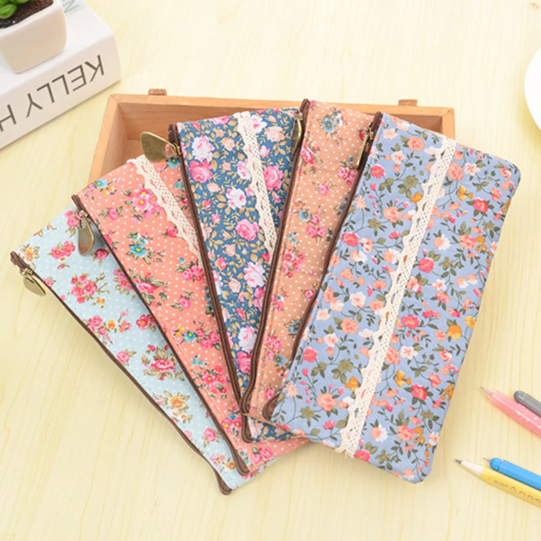 Cute Kawaii Floral Flower Canvas Zipper Pencil Cases Lovely Fabric