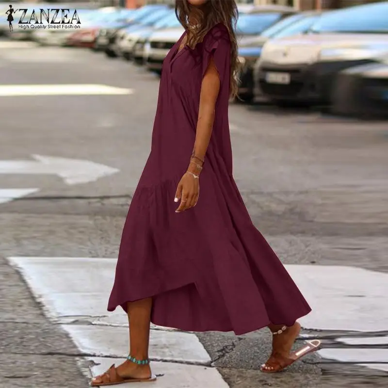 

Summer Sundress ZANZEA Women V neck Short Sleeve Linen Beach Dress Bohemian Female Solid Party Ruffles Long Vestido Plus Size