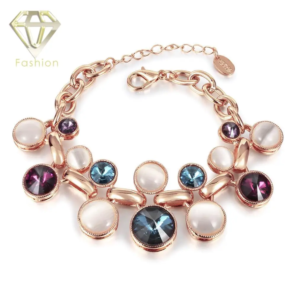 Charm And Chain Beautiful Rose Gold Color with Multi Color Rhinestones Bracelet Trendy Jewelry
