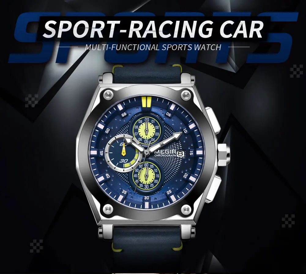 Megir военные кварцевые часы с кожаным ремешком Мужские спортивные наручные часы с хронографом мужские часы 2098 синий