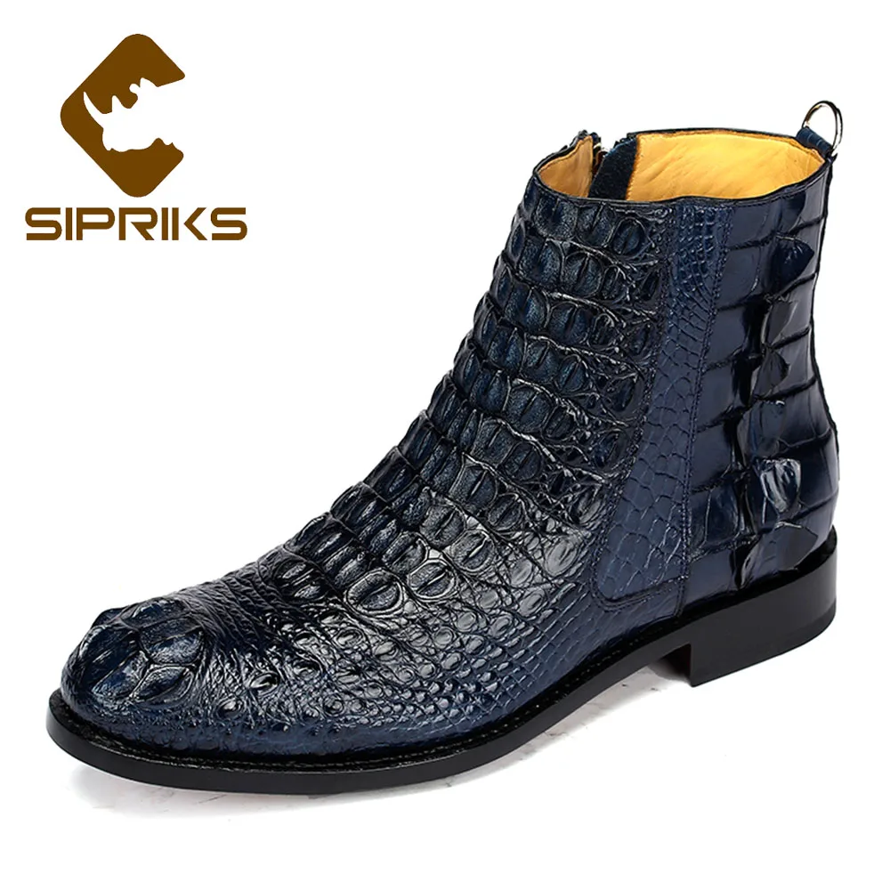 

Sipriks Mens Navy Blue Crocodile Skin Shoes Bespoke Zip Goodyear Boots Boss Business Offcie Dark Brown Black Ankle Boots Big 45