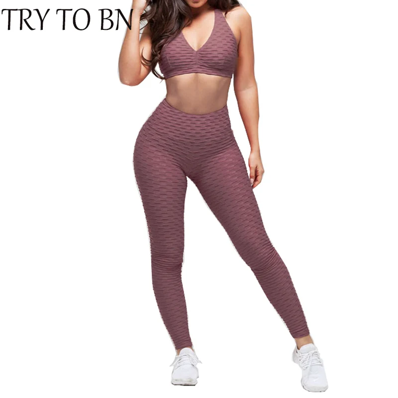 

TRY TO BN 2018 New Fitness Leggings Set Fashion 6 Colors Push Up Workout Solid High Waist Leggings Set For Women Summer