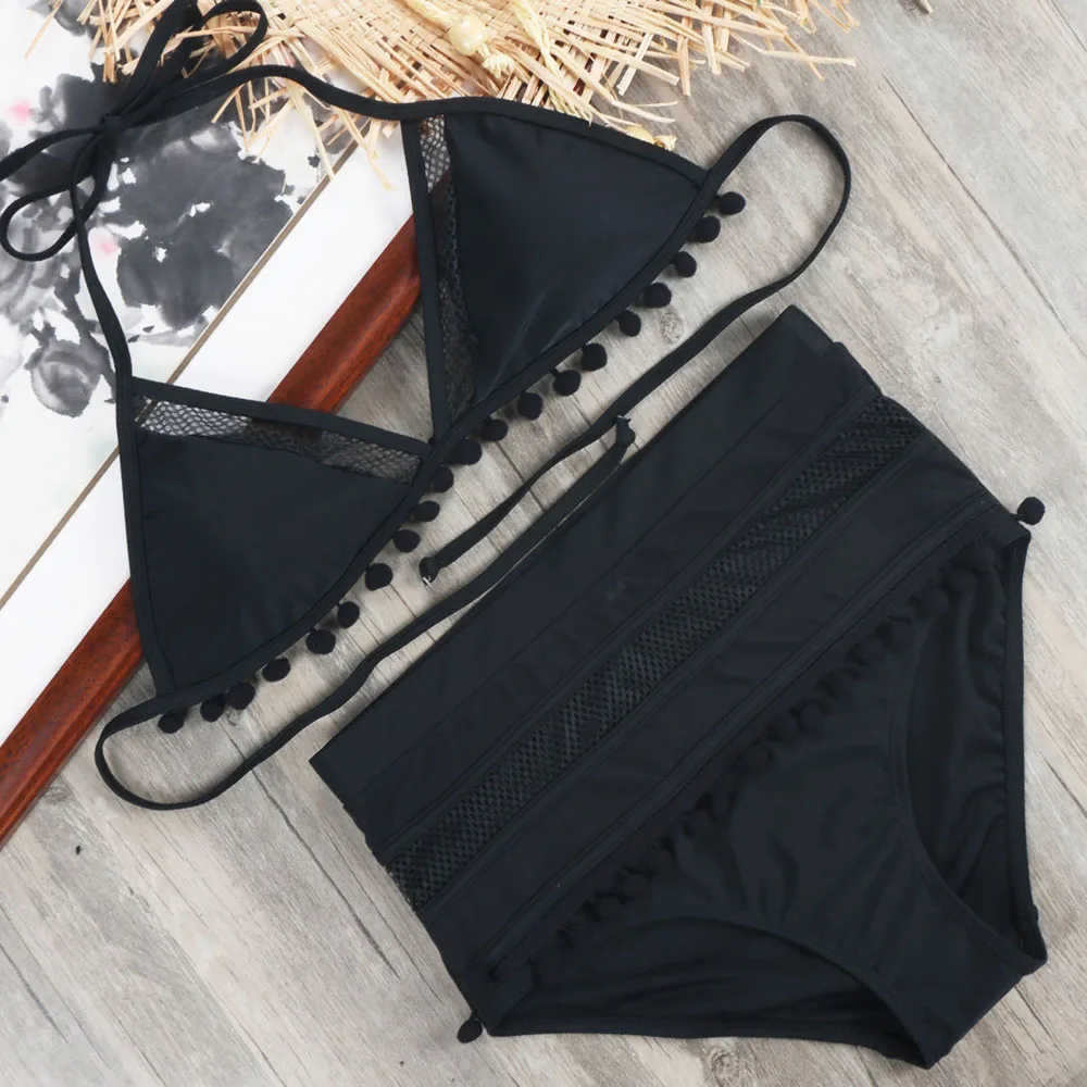 

Aime Bikini Women High Waist Swimsuit Beachwear Pompom Ball and Mesh Bathing Suits Summer Maillot De Bain Halter Strap Biquini