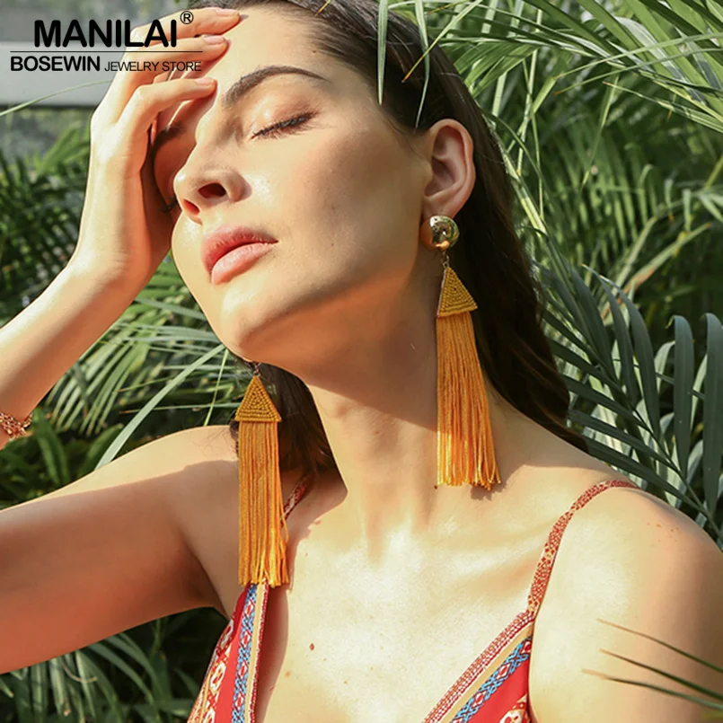 

MANILAI Bohemian Women Long Tassels Earrings Gold Color Big Copper Ball Triangular Bead Fringe Dangle Statement Earrings Jewelry