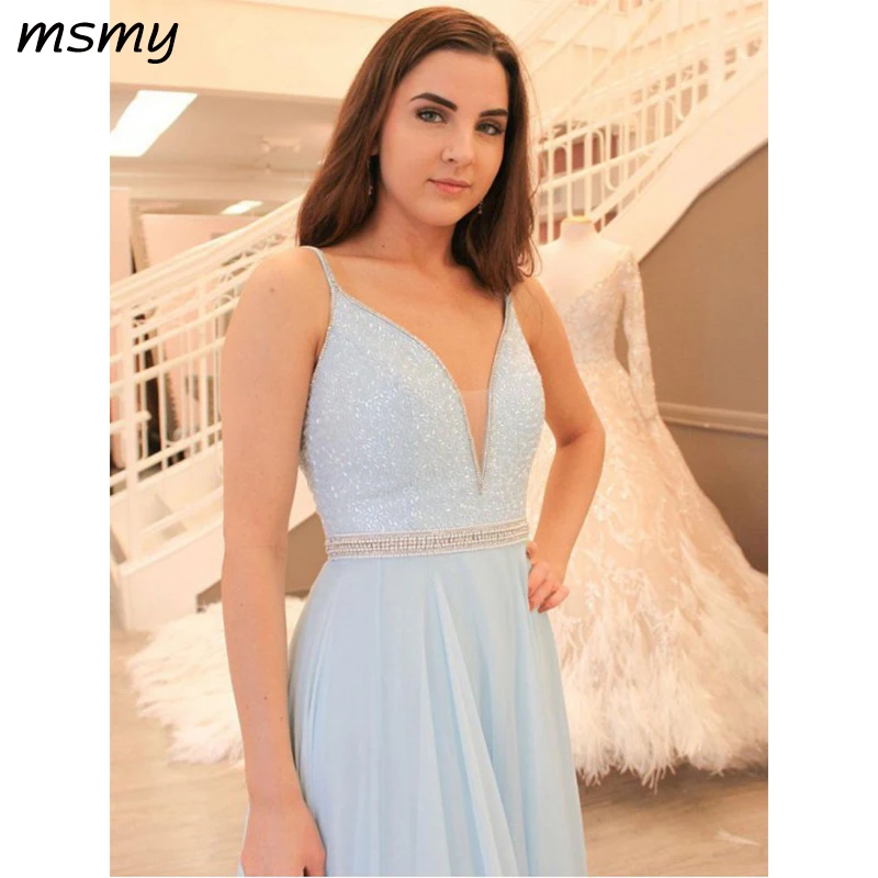 Elegant Evening Dresses A-Line Chiffion Sleeveless V-Neck Floor Length Sweep Train Evening Gowns Custom Made Vestido de noche