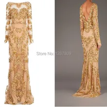 Лето реальное изображение Zuhair Мурад длинный рукав спинки длинное платье для выпускного со шлейфом Золотые Аппликации платье знаменитостей