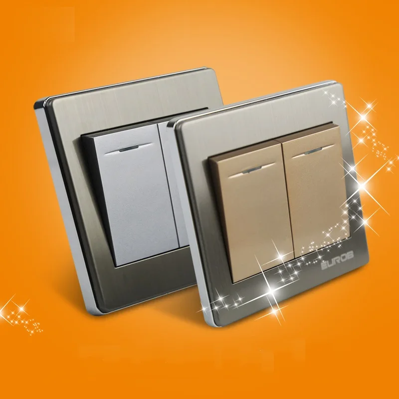 

High Quality E9 Series Brushed Stainless Steel Gold Wall Switch With fluorescence 3 Gang Single Control Switch Socket Panel