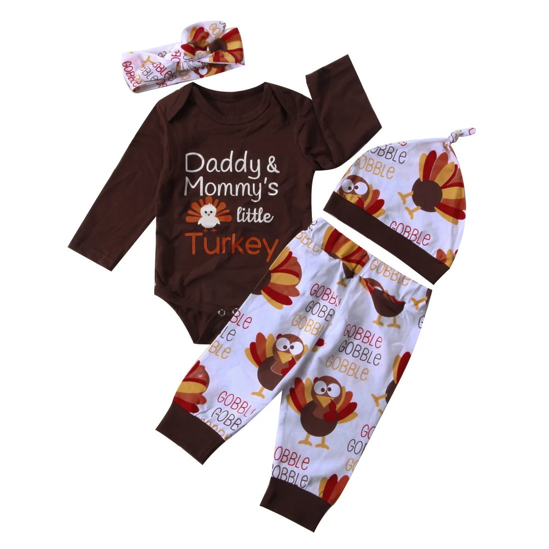 

cool Thanksgiving Newborn Baby Boy Girl Clothes letter print long sleeve brown Romper long turkey Pants Hat Headband Outfit Set