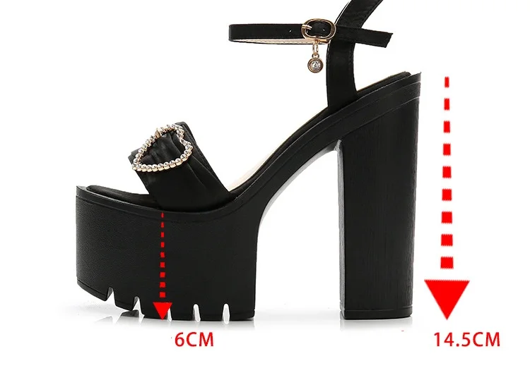 G-sparrow 14CM Comfortable Platform High Heels Thick Buckle Diamond Sandals Female Red Wedding Shoes Summer 2018 New Black21