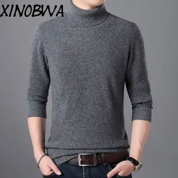 

England Style New Arrival Men's Winter Fashion Turtleneck Solid Knitted 100%Wool Sweater Male Smart Casual Black Thick Pullover