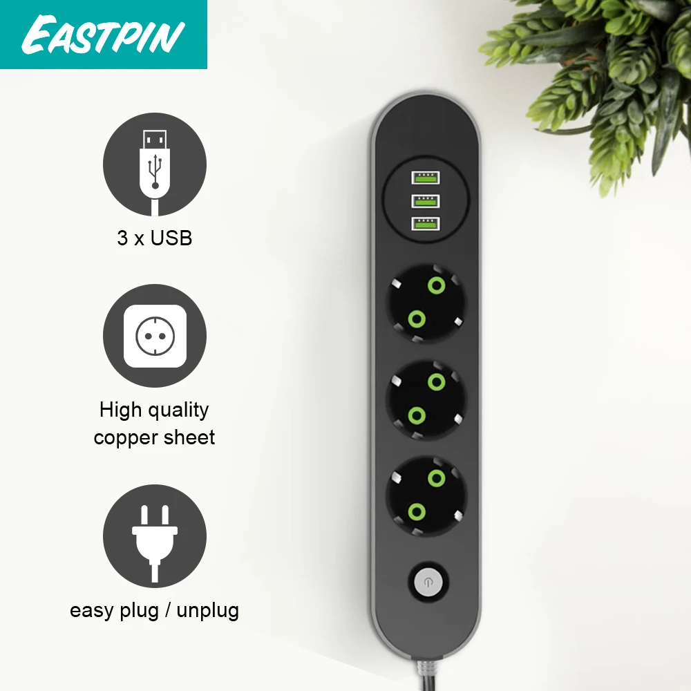 Eastpin Smart USB Power Strip Socket EU Plug 3 Outlet 3Port Charger 2M/1.4M Cord Wall Adapter For Phone Home | Электроника