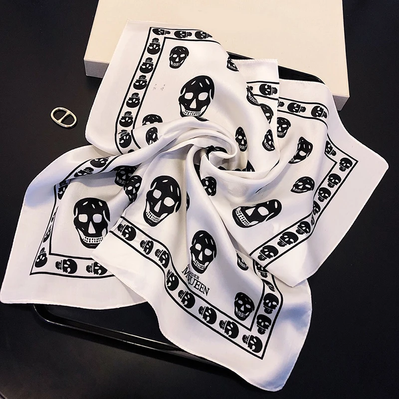 

100% Silk Scarf Women Skull Scarf Silk Bandana 2019 Foulard Neckerchief Men Small Square Silk Scarfs Luxury Gift for Lady