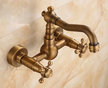 

Antique Solild Brass Wall Mounted Swivel Spout Kitchen Sink Faucet Dual Handles Mixer Tap Two Handle 180 Degree