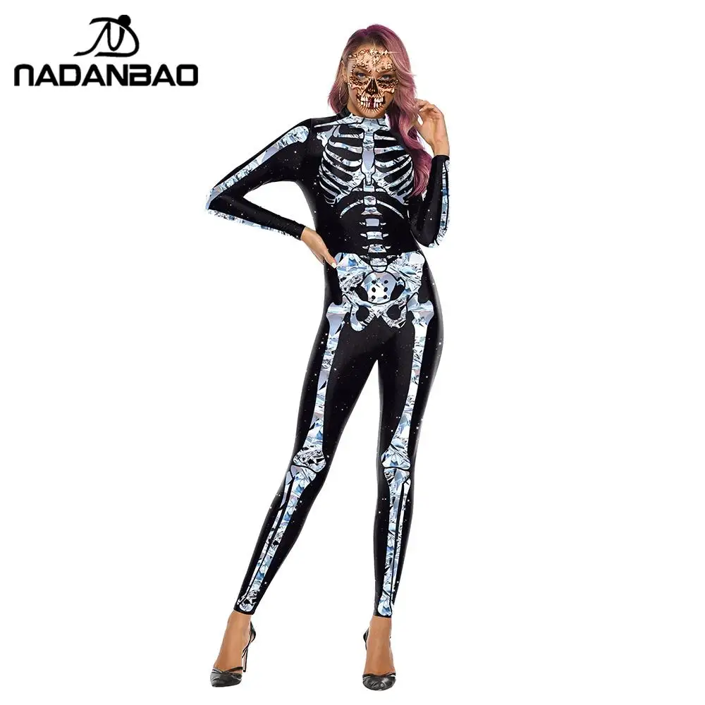 

NADANBAO Crystal Skeleton Costumes Scary Halloween Costume For Women Cosplay Bodysuits Elastic Catsuits