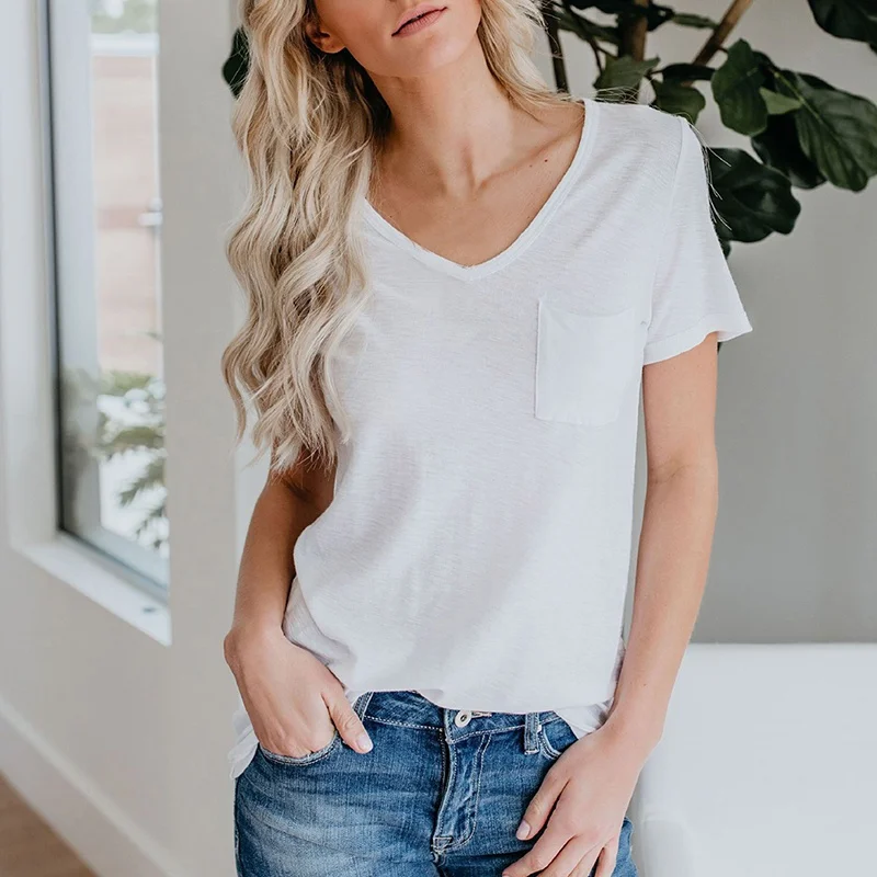 

Cotton Elastic Basic T-shirts S-XL Pocket Plain T Shirt WomenHigh Quality Female Casual Tops Short Sleeve V Neck T-shirt Women