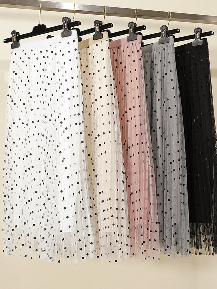 

Pleated Skirt Korean Polka Dot Skirt Mesh Tulle High Waist Long Skirts Womens Jupe Femme Faldas Mujer Moda 2019 Summer Saias New