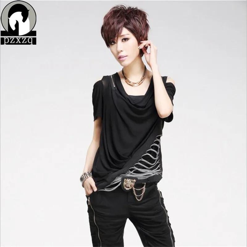 

Punk Rock Style Summer Women's T-shirt Classic Backless Irregular Cutting Camisetas Personality Street Strapless Hollow Tops