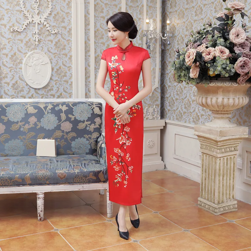 SHENG Коко китайские платья Qipao весна ся ПАО длинные шелковые атласы ежедневно высокого Vent юбка выступлений костюм для выступлений