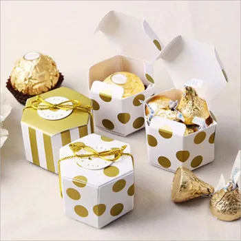 

100pcs Mini Stripe/Dots Golden Bronzing Color Hexagon Wedding Chocolate Box Candy Box Baking Package Wedding Party Decorations